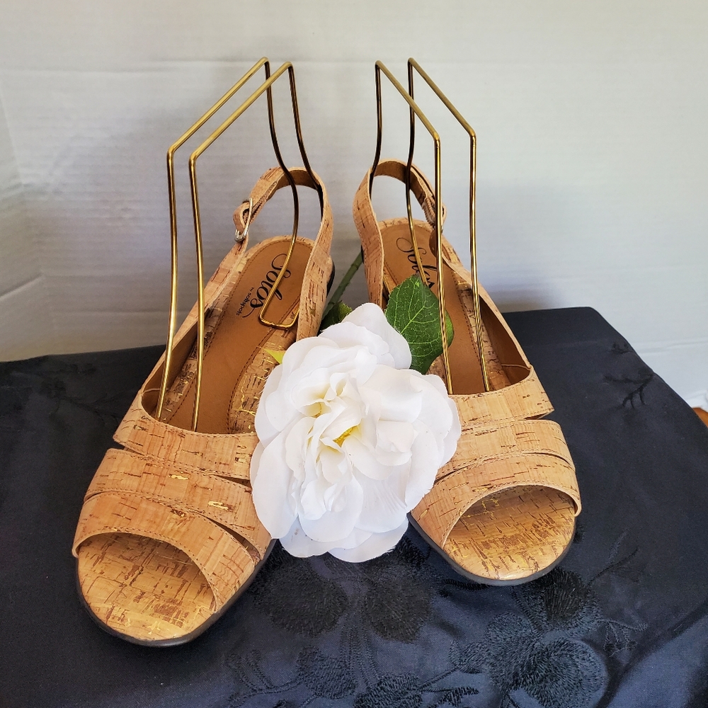 Solos By Soft Spots Natural Cork Peep Toe Slingback Heels, Size 7